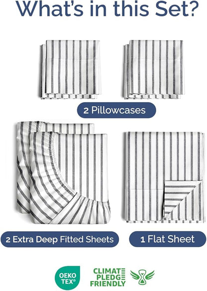 Extra Deep Split King Sheet Set - 7 Piece Breathable and Cooling Sheets - Hotel Luxury Bedding for Women, Men, Kids & Teens - Secure Fit - Soft and Wrinkle Free with Extra Deep Pockets - Grey Stripes