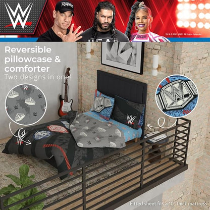WWE Wrestling Full Bedding Set – 7 Piece Super Soft Microfiber Reversible Comforter & Sheet Set Featuring Championship Belts (Officially Licensed Product) by Franco