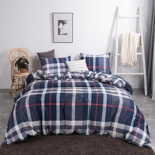 CLOTHKNOW Blue Plaid Twin Comforter Set 3Pcs Buffalo Tartan Bedding Comforter Sets Soft Geometric Grid Comforter with 2 x Pillow Cases