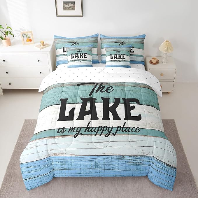 King Size Lake House Comforter Sets with Sheets 7-Piece Vintage Lake Themed Comforter Set Bed-in-a-Bag Rustic Old Barn Door Wooden Decor Bedding Sets with Sheets, Pillowcases and Throw Pillow Covers