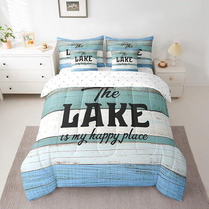 King Size Lake House Comforter Sets with Sheets 7-Piece Vintage Lake Themed Comforter Set Bed-in-a-Bag Rustic Old Barn Door Wooden Decor Bedding Sets with Sheets, Pillowcases and Throw Pillow Covers