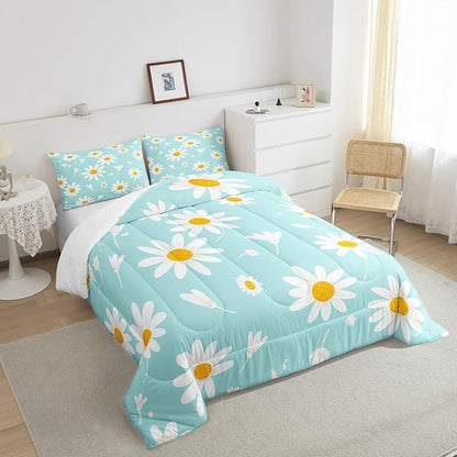 Manfei White Flower Comforter Set King Size, Botanical Garden Artwork Quilt Set with 2 Pillowcases, Daisy Floral Bedding Set 3pcs for Kids Boy Girls Bedroom Decor Lightweight Duvet Insert