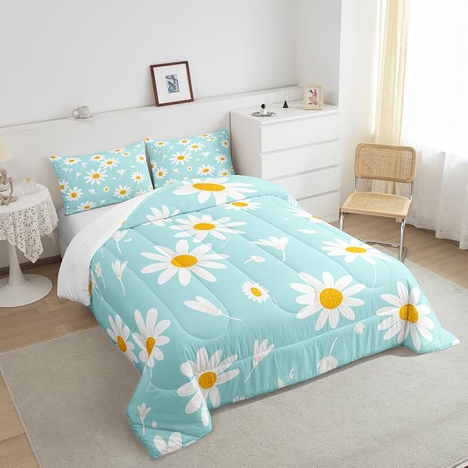 Manfei White Flower Comforter Set Twin Size, Botanical Garden Artwork Quilt Set with 1 Pillowcase, Daisy Floral Bedding Set 2pcs for Kids Boy Girls Bedroom Decor Lightweight Duvet Insert