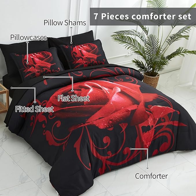 Red Comforter Set King 7 Piece Bed in a Bag Red Rose Flower Comforter with Sheet Set Soft Micorfiber Reversible Bedding Set (1 Comforter,2 Pillow Shams,1 Flat Sheet,1 Fitted Sheet,2 Pillowcases)