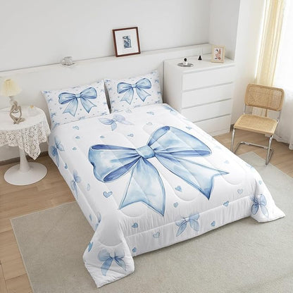Erosebridal Cute Blue Bowknot Bedding Set King for Kids Girls Teen Women,Kawaii Dreamy Bow Comforter Set Princess Style Blue White Heart Decor Bedding Comforter Sets Soft Breathable Quilt Duvet