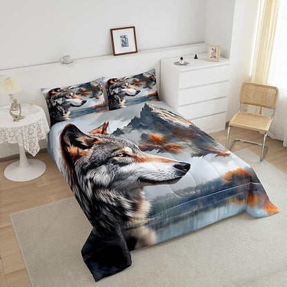 Erosebridal Hunting Wolf King Bedding Set,Wildlife Safari Comforter Set for Women Men Bedroom Decor,Rustic Mountain Theme Quilt Set Exotic Ethnic Bedding Comforter Sets,2 Pillowcases
