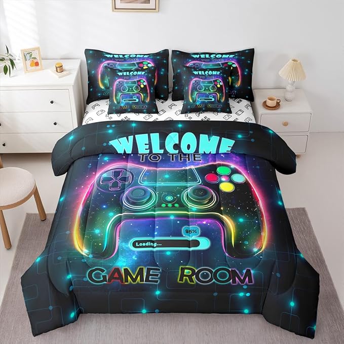 jejeloiu Cool Gamer 7 Piece Bedding Set King Size for Boys 3D Gaming Comforter Set with Sheets Kids Teens Bright Color Bed in a Bag Modern Game Console Bed Set