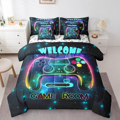 jejeloiu Cool Gamer 7 Piece Bedding Set King Size for Boys 3D Gaming Comforter Set with Sheets Kids Teens Bright Color Bed in a Bag Modern Game Console Bed Set