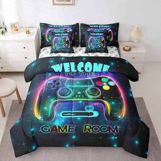 jejeloiu Cool Gamer 7 Piece Bedding Set King Size for Boys 3D Gaming Comforter Set with Sheets Kids Teens Bright Color Bed in a Bag Modern Game Console Bed Set