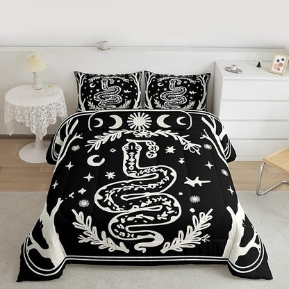 Erosebridal Halloween Gothic Twin Bedding Set, Goth Snake Comforter Set for Kids Boys Girls Teens Women Men Retro Halloween Decor, Sun and Moon Black Comforter, Terror Theme Black Goth Quilt