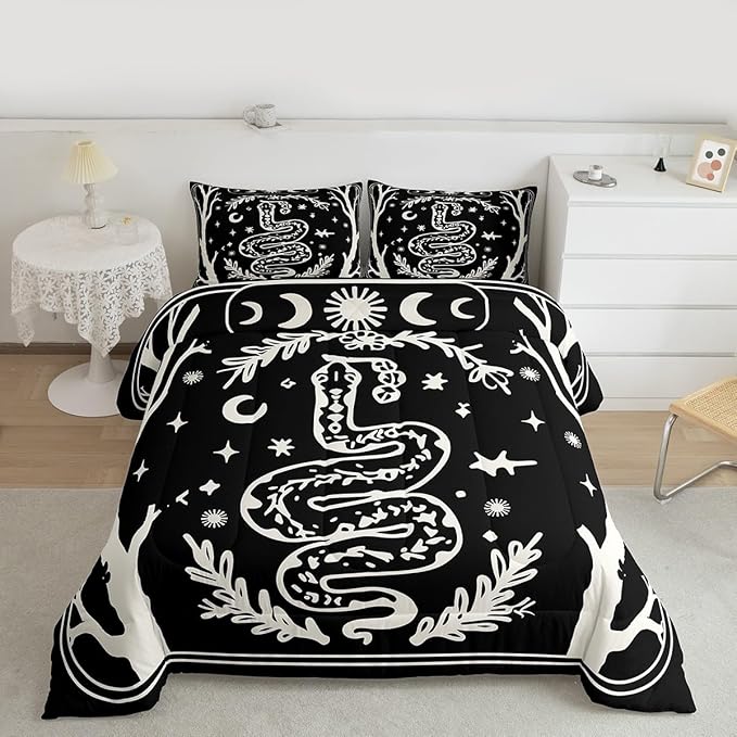 Erosebridal Halloween Gothic Full Bedding Set, Goth Snake Comforter Set for Kids Boys Girls Teens Women Men Retro Halloween Decor, Sun and Moon Black Comforter, Terror Theme Black Goth Quilt