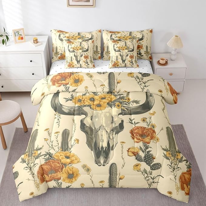Erosebridal Bull Skull Bed in A Bag Twin | Cactus Tropical Vintage Floral 7 Piece Comforter Set Ancient Mysterious Flower Sheet Set Boho Tribal Symbol Fitted Sheet Breathable Lightweight