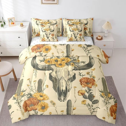 Erosebridal Bull Skull Bed in A Bag Twin | Cactus Tropical Vintage Floral 7 Piece Comforter Set Ancient Mysterious Flower Sheet Set Boho Tribal Symbol Fitted Sheet Breathable Lightweight