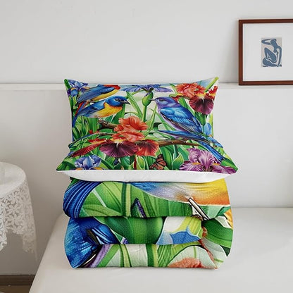 Erosebridal Floral Hummingbird Comforter Set Full,Rustic Farmhouse Flowers Bedding Set Retro Watercolor Colorful Irises Bed Comforter Set for Kids Adults,Country Garden Style Quilt Duvet