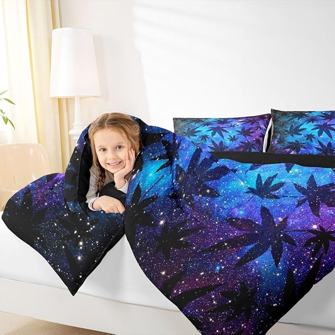 Erosebridal Leaves Comforter Set Teens Galaxy Bedding Set King for Women Men Youth Leaves Duvet Set Soft Chic Purple Blue Duvet Set Room Decor Quilt Set