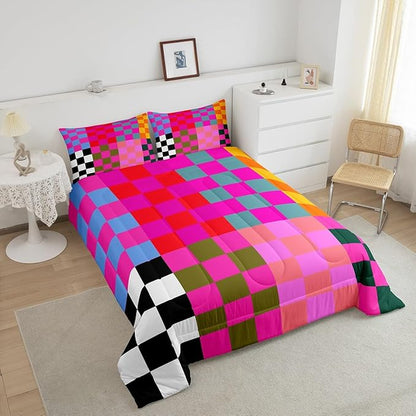Feelyou Multicolored Checkered Retro Bedding Set Kids Boys Girls Geometric Vintage Comforter Set Full Size Black Red Purple Duvet Insert Modern Simple Groovy Aesthetic Room Decor