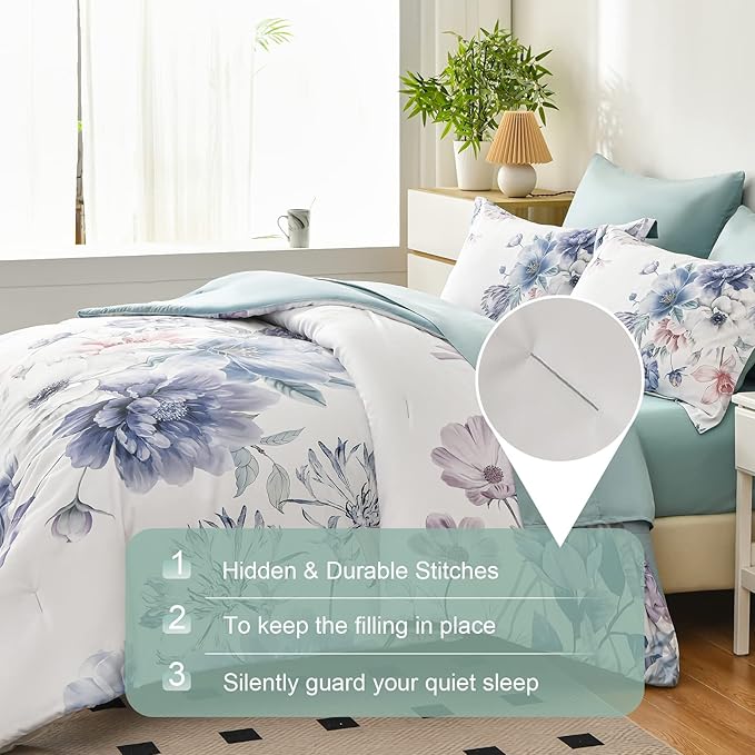 7 Piece Bed in a Bag Queen Floral Comforter Set Botanical Flower Printed on Light Blue Bedding Set, Soft Lightweight Comforter with Sheet Set for All Season (Light Blue, Queen)