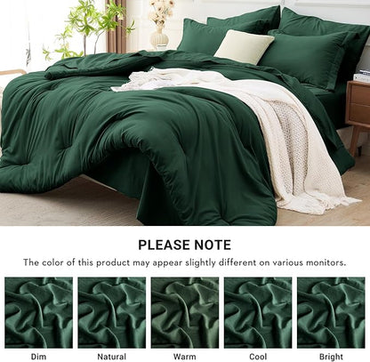 MUXHOMO 7 Pieces King Comforter Set, Soft Bed in a Bag King Size, All Season Bedding Set with Comforter, Flat Sheet, Fitted Sheet, Pillowcases & Shams, Dark Emerald Green