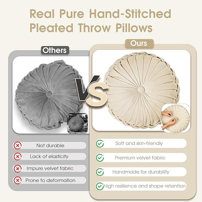 ROSE&RISY Round Pleated Velvet Throw Pillows, 2 Pcs Decorative Accent Pumpkin Pillow Cushion for Couch Sofa Chair Bed Car Home Decor (14.5 Inch, Cream)