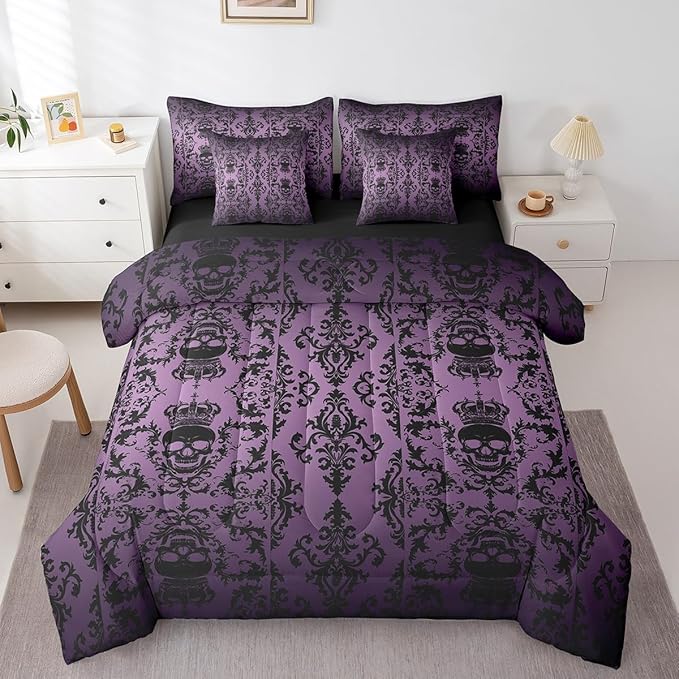 Erosebridal Sugar Skull 7 Piece Comforter Set Full Bed in a Bag,Gothic Bedding Set,Purple Black Damask Bohemian Vintage Floral Comforter and Sheet Set,Goth Skeleton Antique Victorian Baroque Decor