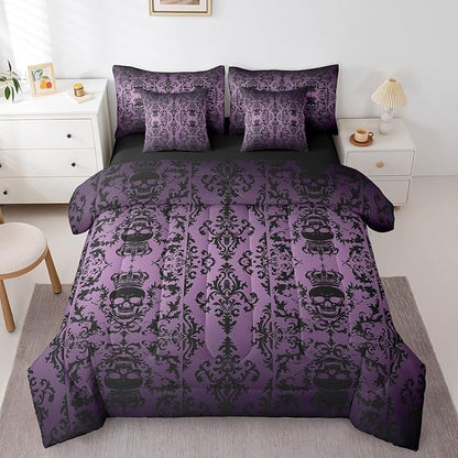 Erosebridal Sugar Skull Comforter Set 7 Piece Bed in a Bag Twin,Gothic Bedding Set,Purple Black Damask Bohemian Vintage Floral Comforter and Sheet Set,Goth Skeleton Antique Victorian Baroque Decor