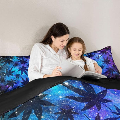 Erosebridal Leaves Comforter Set Teens Galaxy Bedding Set Full for Women Men Youth Soft Chic Purple Blue Duvet Set Room Decor Quilt Set
