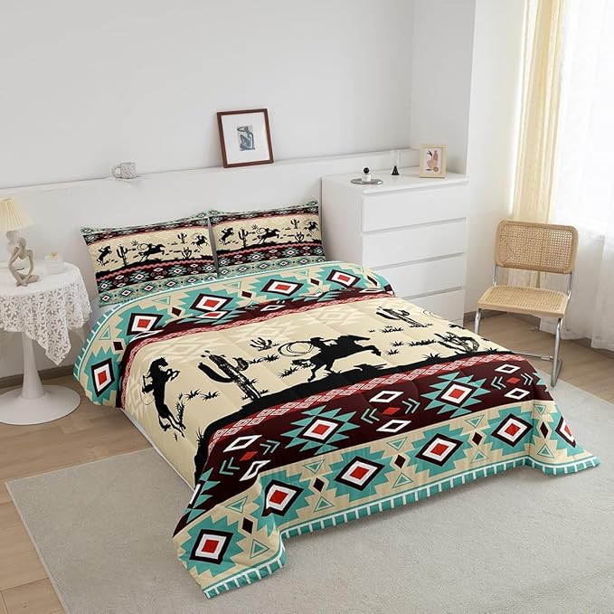 Feelyou Yellow Red Western Decor Bedding Set Southwestern Comforter Set Galloping Horse Wild Western Cowboy Geometric Tribal Comforter Toddler Size Rodeo Cowboy Style Duvet Set 2Pcs
