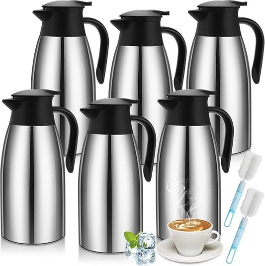 6 Pcs 68 oz Thermal Coffee Carafe Insulated Stainless Steel Coffee Carafe Double Walled Vacuum Thermal Pot Flask with 6 Brushes for Keeping Hot Water Milk Tea Home Office(Silver)
