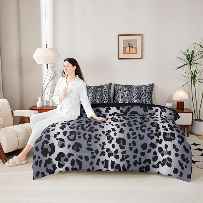 Erosebridal Blue Grey Cheetah Ombre Fur 7 Piece Bedding Set Twin | Leopard Print Comforter Set with Sheets Women Men Adults Bed in A Bag Wild Animal Skin Pattern Bed Sets
