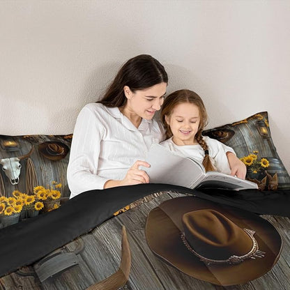 Feelyou Brown Western Aztec Comforter Set Queen Size Kids Bull Skull Duvet Quilt for Boys Girls Teens Wild Cowboy Boots Farmhouse Rustic Sunflower Bedding Set Soft Room Decor 3Pcs