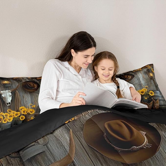 Feelyou Brown Western Aztec Comforter Set King Size Kids Bull Skull Duvet Quilt for Boys Girls Teens Wild Cowboy Boots Farmhouse Rustic Sunflower Bedding Set Soft Room Decor 3Pcs