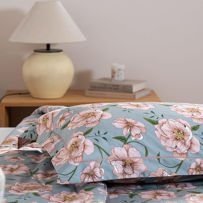 Cotton Comforter Queen Size Set – Blue Green Blush Floral Cotton Shell Bedding, Soft & Breathable, All-Season Down-Alternative Fill, Includes 1 Comforter & 2 Pillow Shams