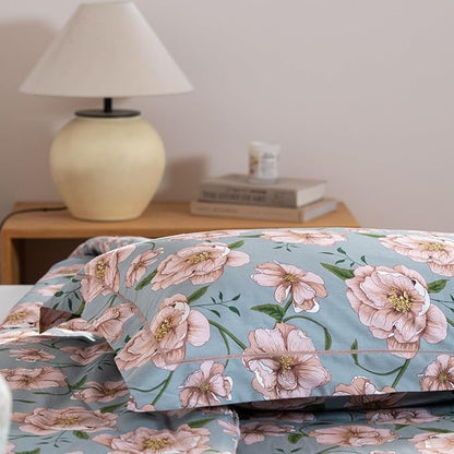 Cotton Comforter Queen Size Set – Blue Green Blush Floral Cotton Shell Bedding, Soft & Breathable, All-Season Down-Alternative Fill, Includes 1 Comforter & 2 Pillow Shams