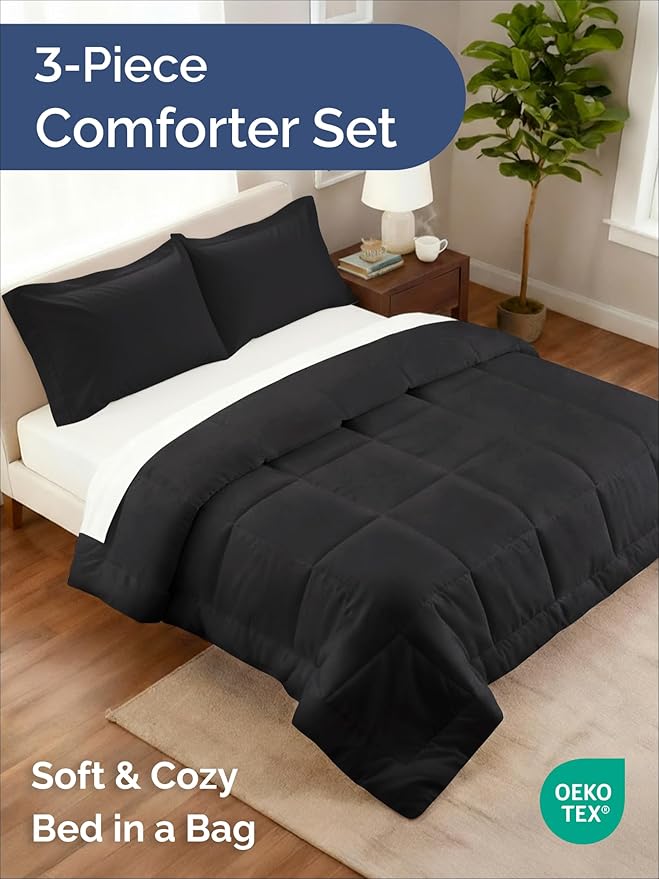Queen Comforter Set - 3 Piece Bed Set for All Seasons - 1 Soft Quilted Comforter w/ Corner Tabs & 2 Pillow Shams - Comfy, Cozy & Breathable - Premium Down Duvet Insert - Oeko-TEX - Queen Size, Black