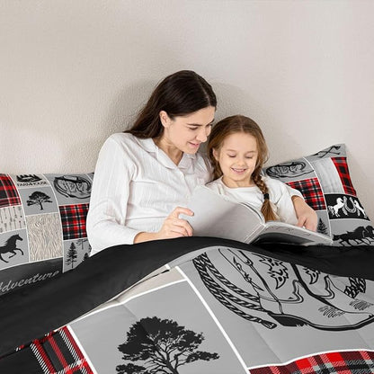 Erosebridal Horse Duvet Insert for Boys, Western Cowboy Comforter Set Horseshoe Riding Boots Bedding Set Vintage Adventure Decor Rustic Farmhouse Cabin Lodge Quilt Twin, with 1 Pillow Case,Red Grey