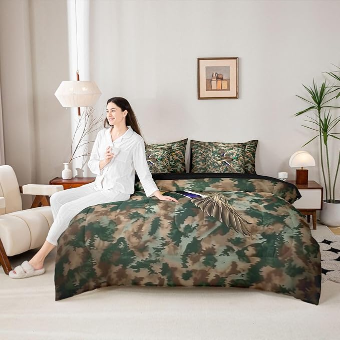 Erosebridal Duck Camo 7-Piece Comforter Set Full Bed in a Bag | Mallard Ducks Bedding Sets Mens Rustic Cabin Comforter and Sheet Set, Woodland Animals Farmhouse Room Decor,Country Duck Hunting Decor