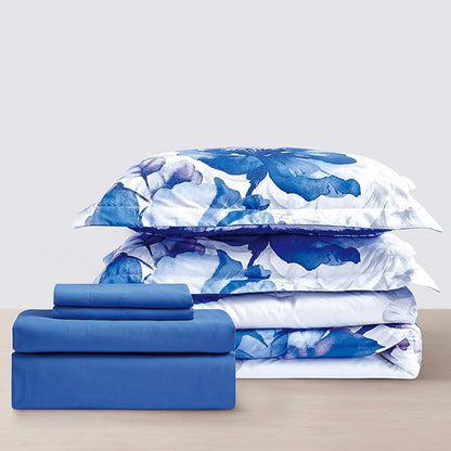 Sunshine Nicole Soft Brushed Microfiber Comforter Set, 7 Pieces Queen, with Light Weight Soft Poly Fill, Printed Dark Blue Grey Big Florals Face with Print Reverse