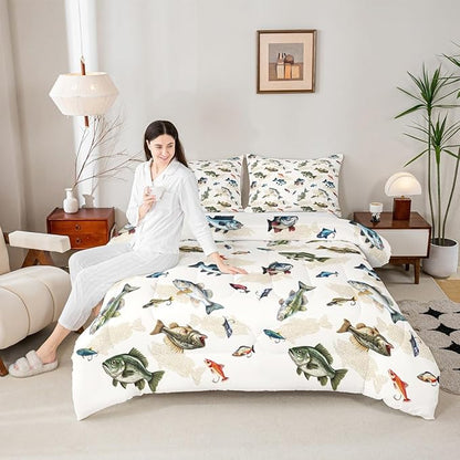 Erosebridal Camo Fishing King Comforter Set - Pike Fish Big Bass Bedding Set for Boys Kids | Hunting Themed Camouflage Quilt | Lake House Fisherman Bedroom Decor with 2 Pillowcases