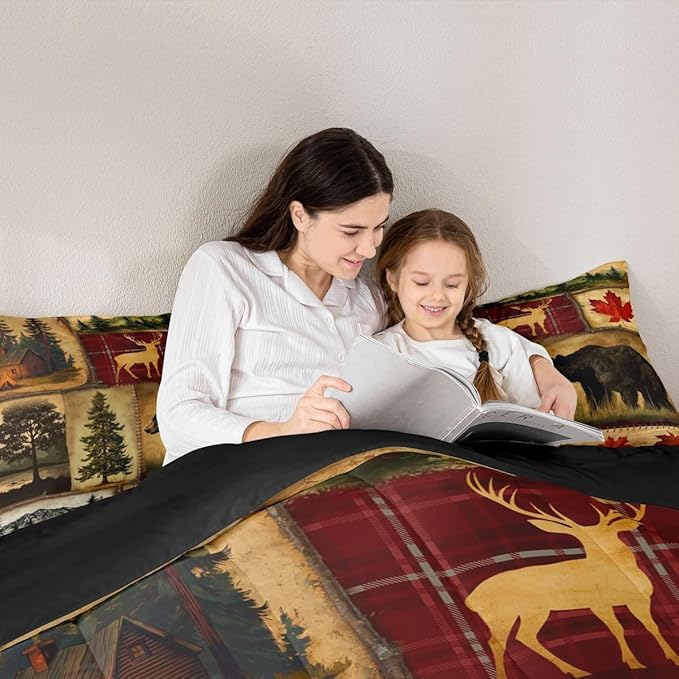 Rustic Farmhouse Bedding Comforter Sets Queen, Country Cabin Lodge Bedding Set, Hunting Bear Wildlife Comforter for Bedroom, Maple Leaves Duvet Insert, Woodland Rustic Bedding All Season, Red Brown