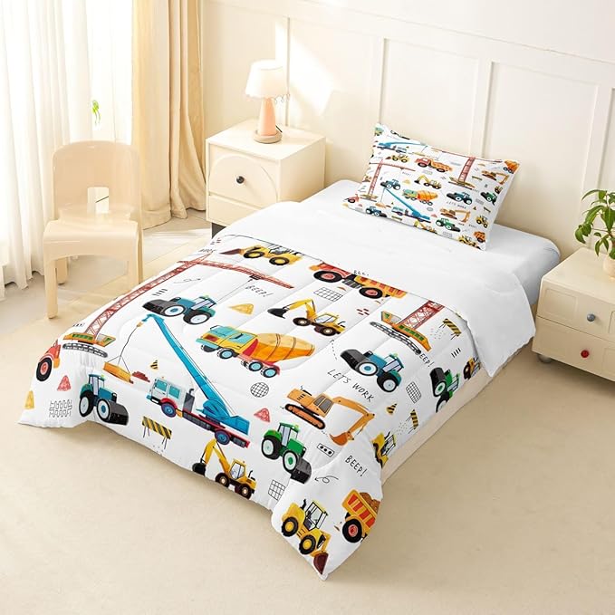Excavator Comforter Set Twin Size, Tractor Machinery Trucks Bedding Set, Construction Vehicle Down Comforter For Kids Boys, Bulldozer Crane Equipment Truck Duvet Set 2Pcs Room Decor, Yellow Green