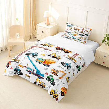 Excavator Comforter Set Twin Size, Tractor Machinery Trucks Bedding Set, Construction Vehicle Down Comforter For Kids Boys, Bulldozer Crane Equipment Truck Duvet Set 2Pcs Room Decor, Yellow Green