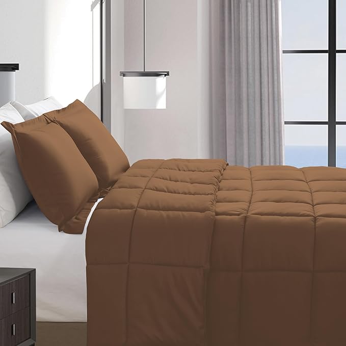 Elegant Comfort 3-Piece Box Stitched Down Alternative Comforter with Shams - Ultra Soft for All Season Duvet Insert with Corner Tabs, Plush Cozy 3PC Comforter Set, Oversize King, Khaki