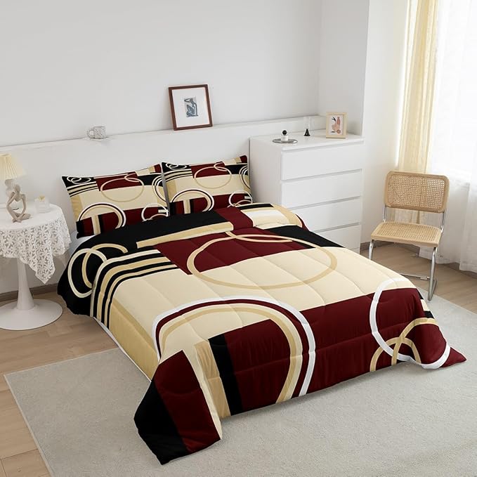 Erosebridal Modern Geometric Comforter Set Red Brown Black Stripes Down Comforter Full Size Retro Circle Swirls Bedding Set Bedroom Decor Abstract Texture Color Art Comforter for Kids Adult