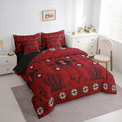 Erosebridal Red Southwestern Bedding Set King Vintage Western Aztec Comforter Set 7 Piece Bohemian Geometric Country Bed in A Bag Rustic Cactus Bull Skull Boho Tribal Quilt with Flat Fitted Sheet