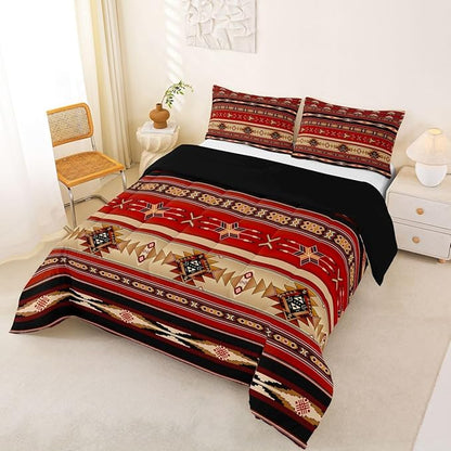 Aztec Bedding Set Ethnic Tribal Arrow Queen Comforter Set,Vintage Southwestern Native Bohemian Quilt,Western Star Duvet Insert Exotic Geometric Diamond Stripes Room Decor,Red and Black