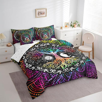 Erosebridal 7 Pcs Tree of Life Comforter Set Queen Size,Sun and Moon Bed in a Bag with Flat Fitted Sheet for Kids and Adults,Boho Mandala Flower Galaxy Bedding Set with Pillowcases and Cushion Cases