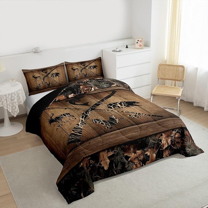 Erosebridal Rustic Farmhouse Bedding Sets Retro Camo Cabin Lodge Comforter Set Full Hunting and Fishing Bedding Comforter Sets for Boys Adults Men Wildlife Bear Deer Fish Duck Quilt Set 3 Pcs