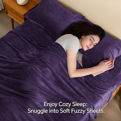 BEDELITE Flannel Sheets Full Size Purple - Super Soft Fleece Sheets Set Fluffy Extra Plush, 4 Piece(Include Fitted Sheet, Flat Sheet, 2 Pillowcases)
