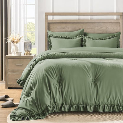 QUIETSEA Queen Bed in a Bag 7 Pieces Comforter Set Queen, Ruffle Shabby Chic Bedding Comforter Set Green Bed Set with Comforter, Pillowcases, Flat Sheet, Fitted Sheet and Pillow Shams