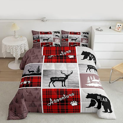 Erosebridal Rustic Plaid Patchwork Comforter Set Full, Hunting Bear Deer Bedding Set Country Farmhouse Vintage Duvet Insert Woodland Wild Animal Grid Claw Quilt Adventure Camping Bedroom Decor, Red